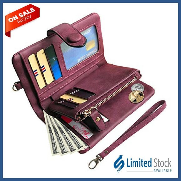 Women's RFID Leather Wristlet Wallet with 16 Card Slots & Coin Purse - Picture 3 of 8